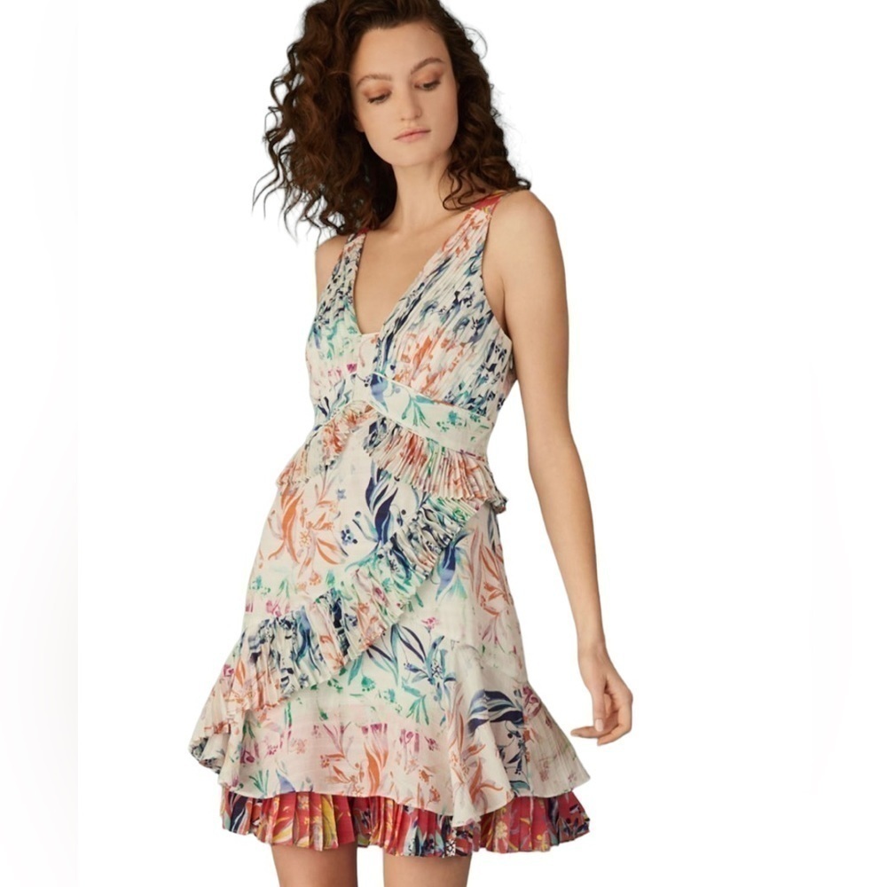 Tanya Taylor Eva Floral Silk Ruffle Mixed Print Mini Dress Women’s 8
